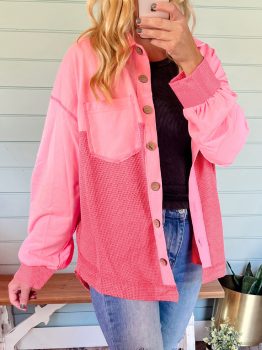 Peach Blossom Two Tone Contrast Waffle Knit Buttoned Loose Shacket