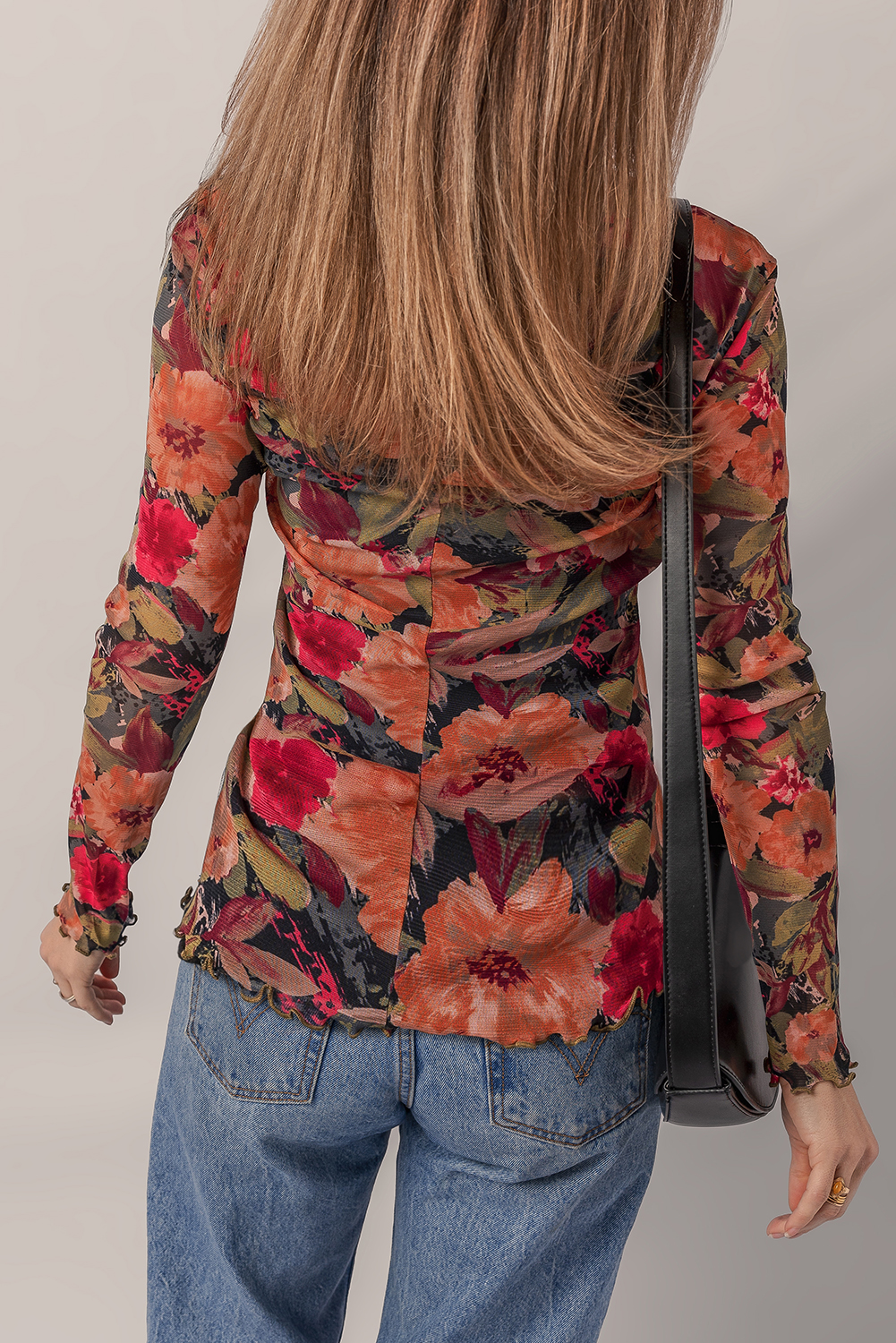 Multicolour Floral Print Lettuce Trim Long Sleeve Mesh Top - Image 2