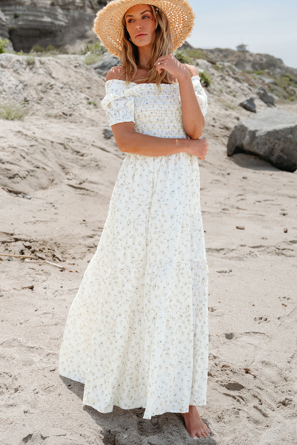 White Frilly Shirred Bodice Tiered Floral Maxi Dress - Image 3