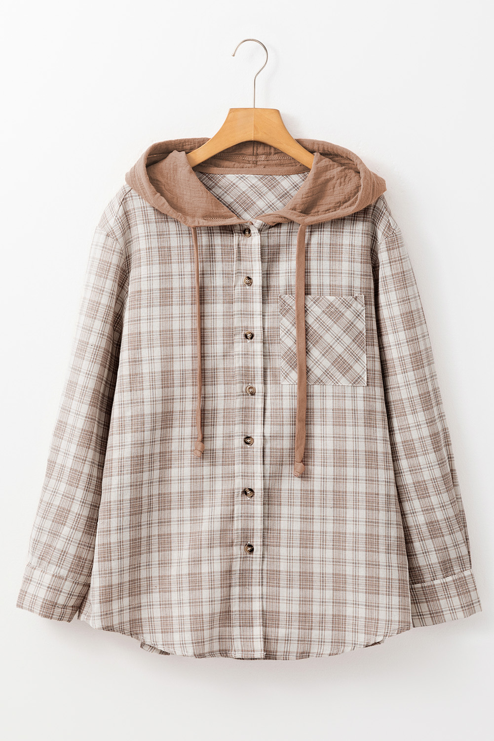 Khaki Checkered Print Loose Fit Buttoned Hooded Shacket - Image 4