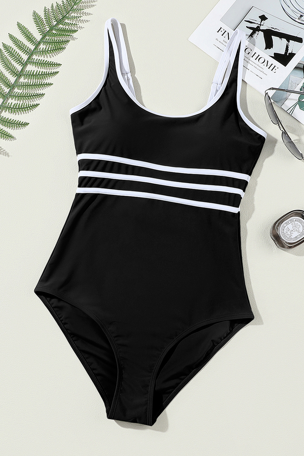 Black Contrast Trim Colorblock U Neck One Piece Swimwear - Image 8