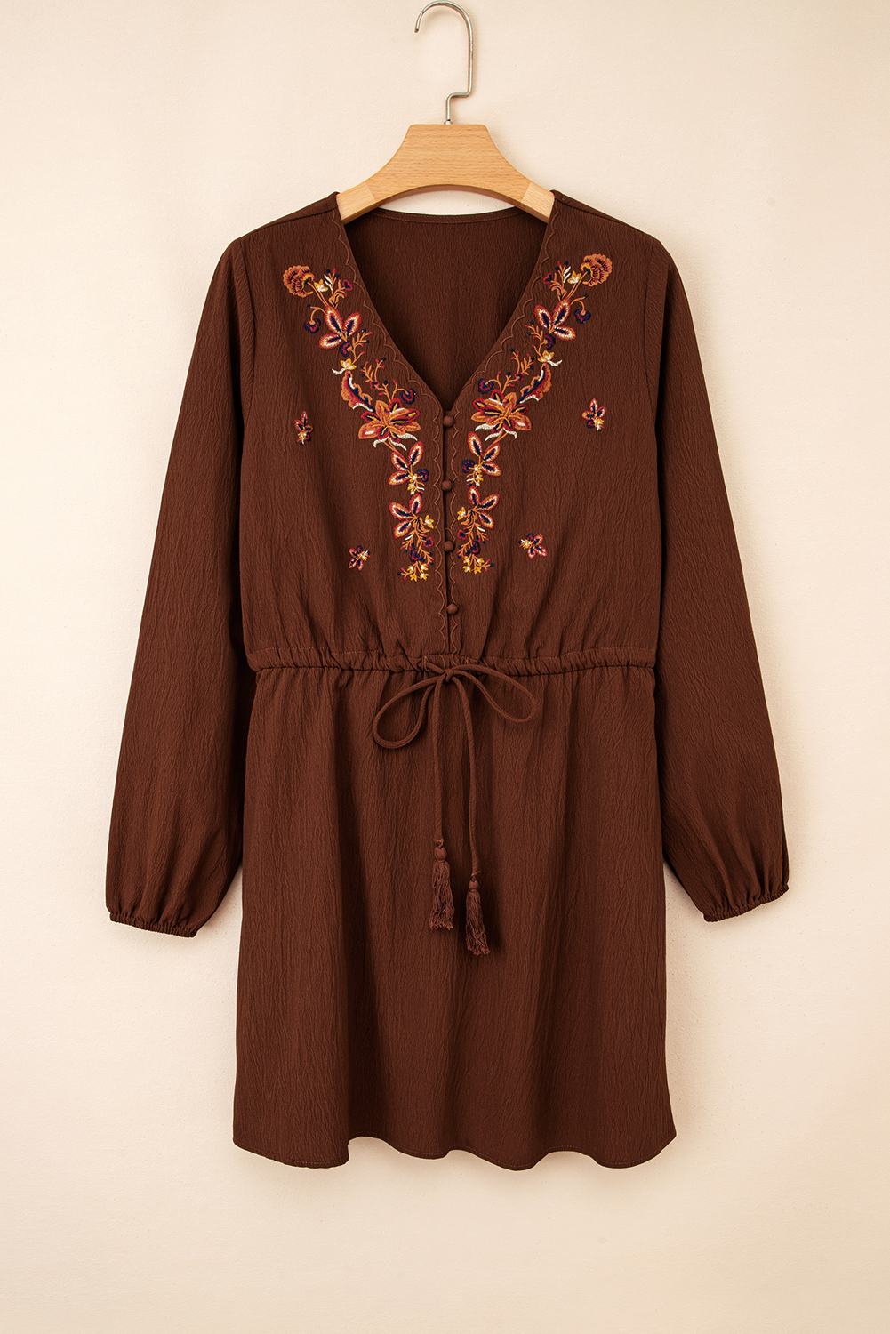 Burgundy Floral Embroidered Tassel Tie Waist Long Sleeve Mini Dress - Image 3