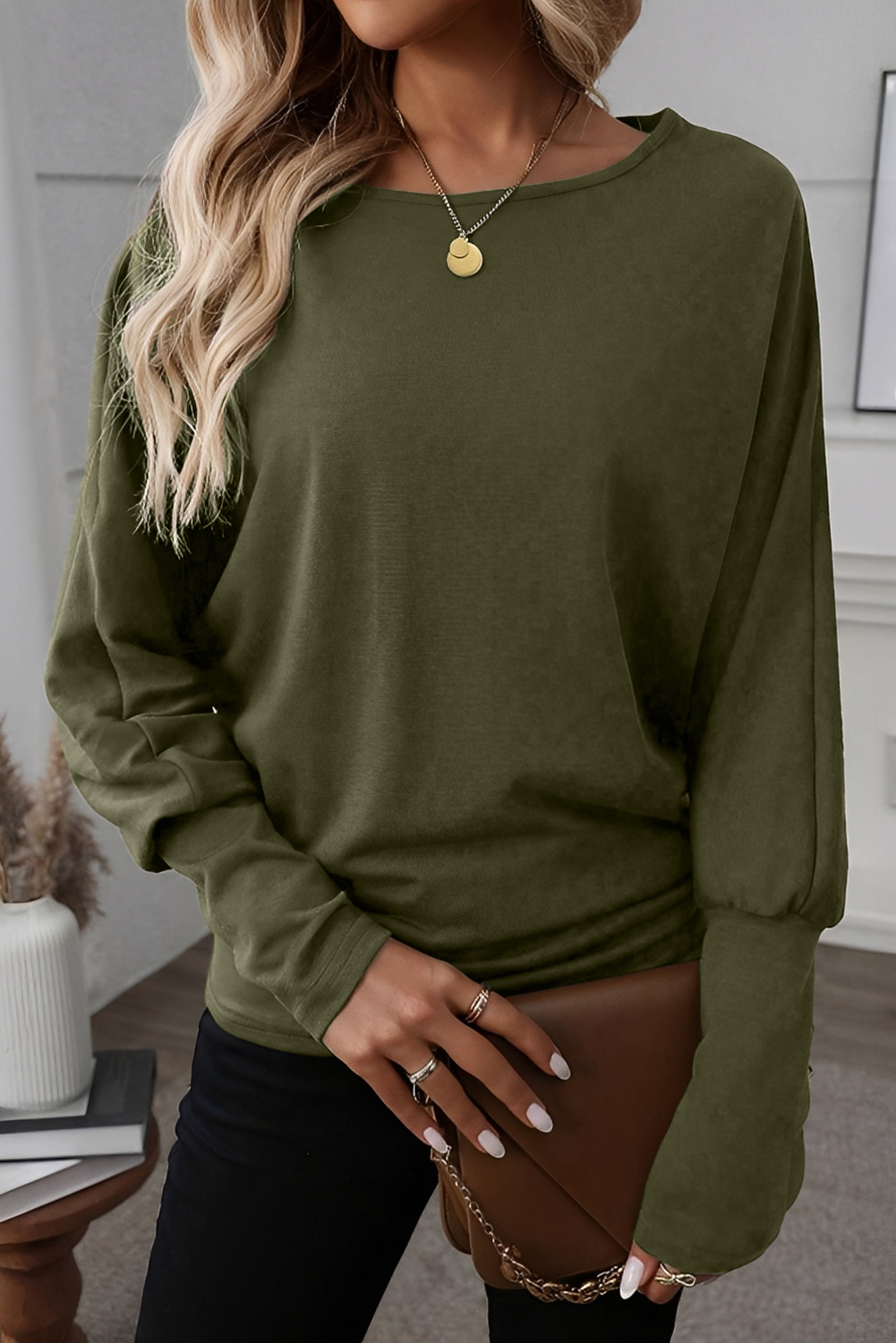 Four Leaf Clover Solid Color Extended Cuffs Long Sleeve Top - Image 3