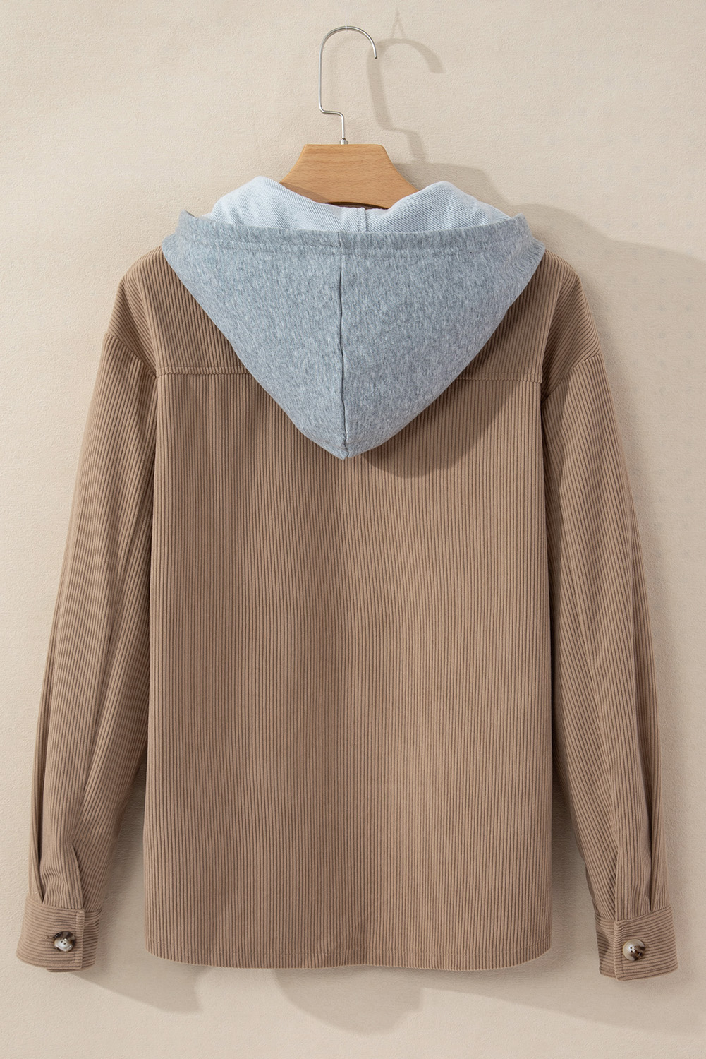 Pale Khaki Hooded Drawstring Pockets Corduroy Shacket - Image 5