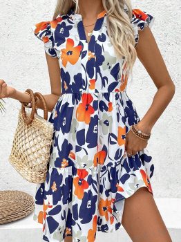 Orange Floral Print Notched Neck Flutter Sleeve Mini Dress