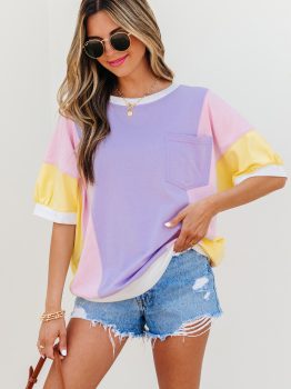 Purple Color Block Patchwork Half Sleeve Oversized T Shirt