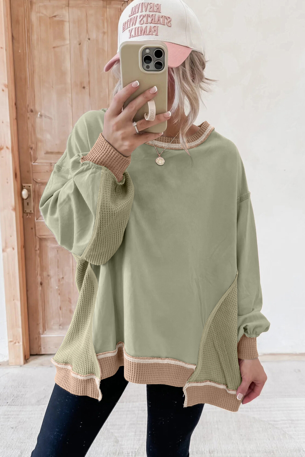 Smoke Green Color Block Mix Texture Waffle Patchwork Oversize Sweatshirt - Image 2