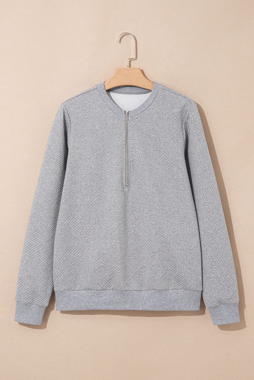 Medium Grey Trendy Textured Half Zip Loose Sweatshirt - Image 4