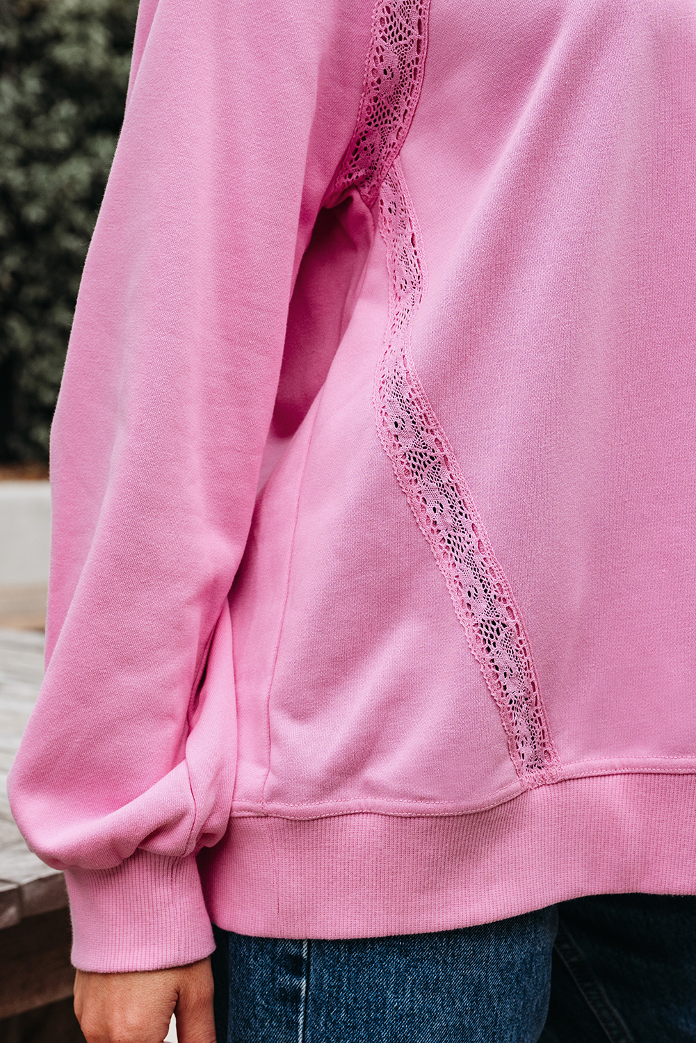 Bright Pink Lace Patched Raglan Sleeve Loose Fit Sweatshirt - Image 8