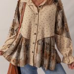Oatmeal Boho Floral Plaid Patchwork Distressed Detail Ruffled Sleeve Waffle Knit Shacket
