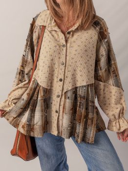 Oatmeal Boho Floral Plaid Patchwork Distressed Detail Ruffled Sleeve Waffle Knit Shacket