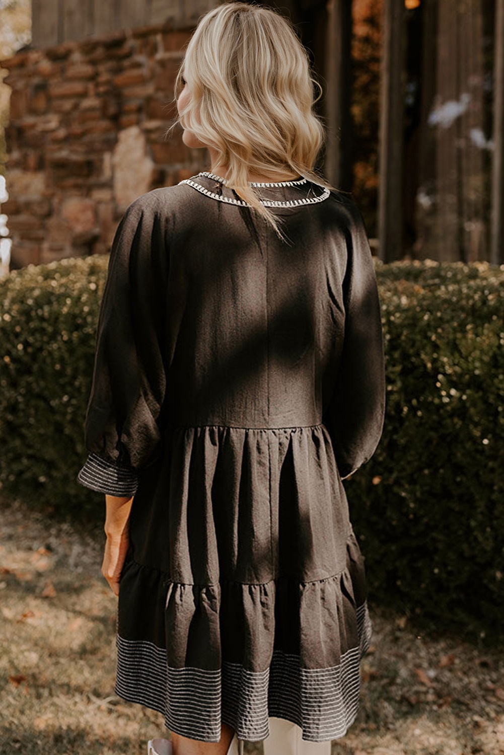 Black Contrast Stitched V Neck 3/4 Sleeve Tiered Mini Dress - Image 2