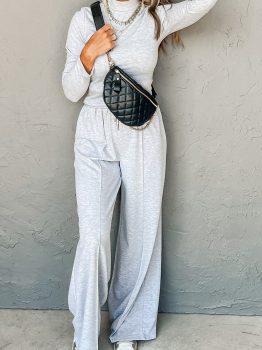 Light Grey Long Sleeve High Neck Slim Top Smocked Waist Central Seam Pants Set