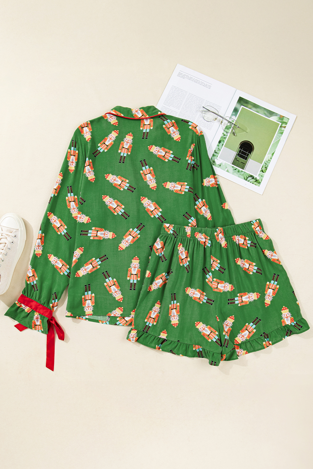 Green Christmas Candy Contrast Trim Bow Knot Silky 2pcs Pajama Set - Image 4