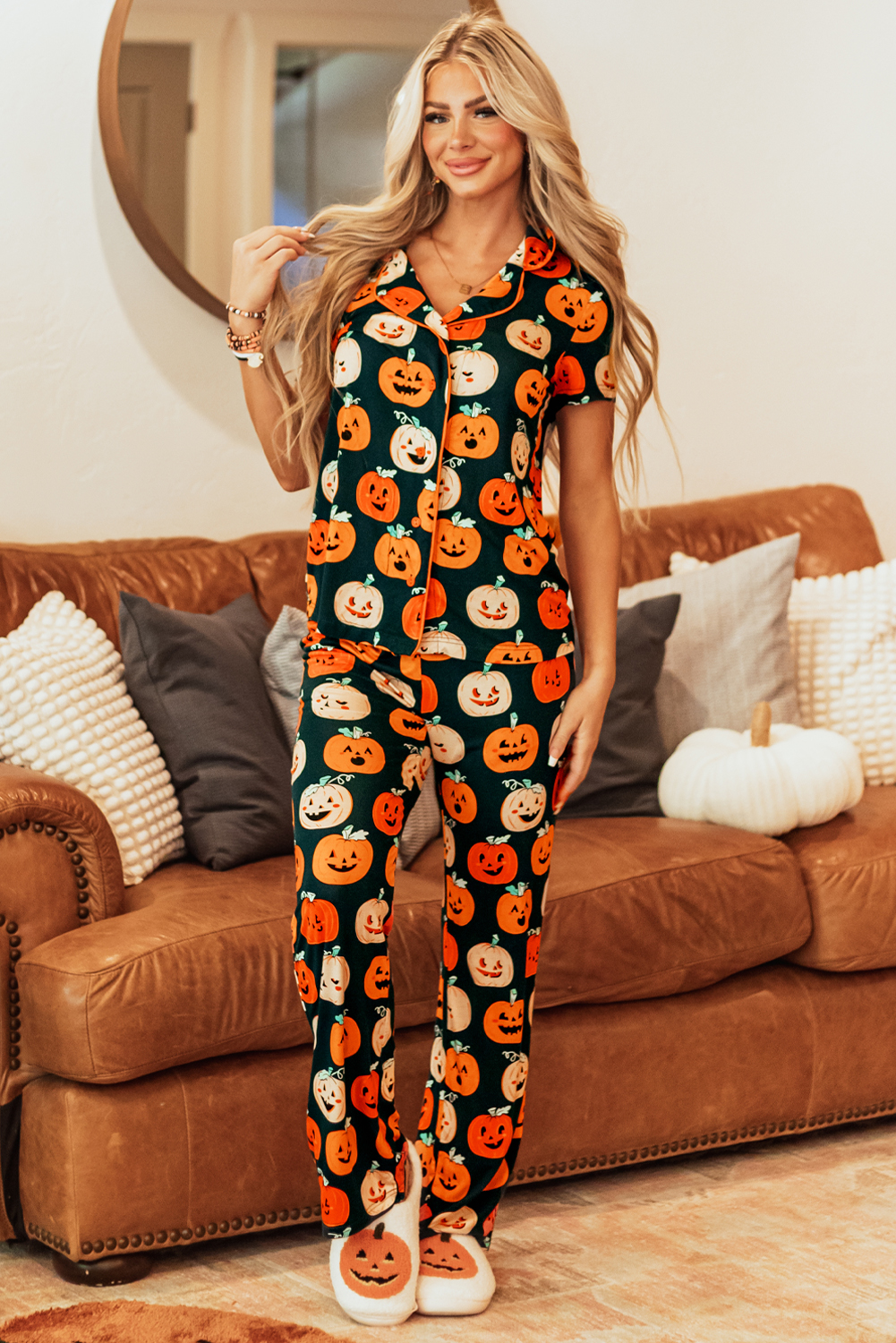 Orange Halloween Pattern Short Sleeve Shirt Pajama Set - Image 7