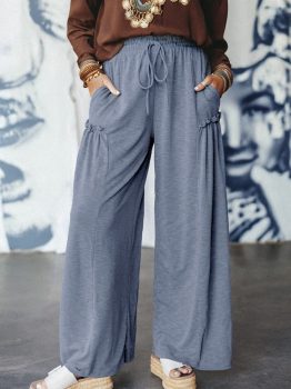 Frilled Detail Wide Leg Drawstring Elastic Waistband Pants