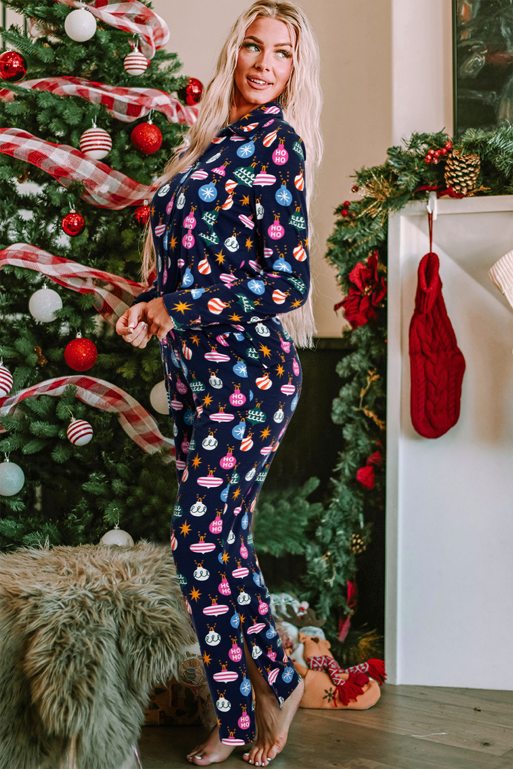 Navy Blue Colorful Christmas Lights Print Shirt and Pants Pajama Set - Image 6
