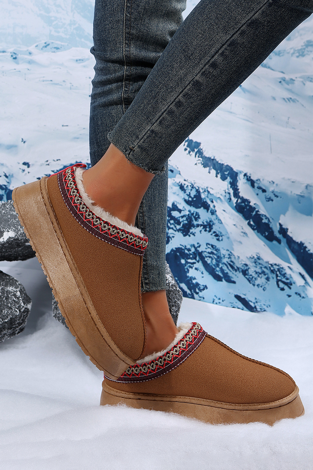Chestnut Contrast Print Suede Plush Lined Snow Boots - Image 5