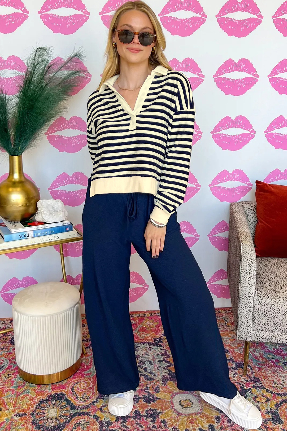 Blue Stripe Collared V Neck Long Sleeve Casual Top - Image 3