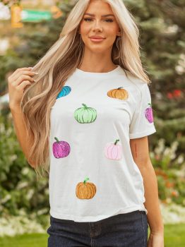 White Sequin Pumpkin Patched Cotton Blend T Shirt