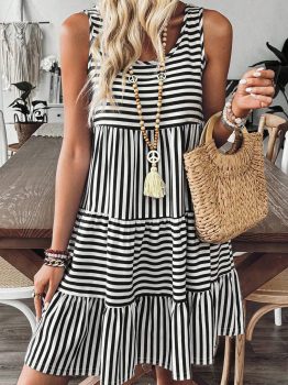 Black Stripe U Neck Sleeveless Loose Fit Mini Dress