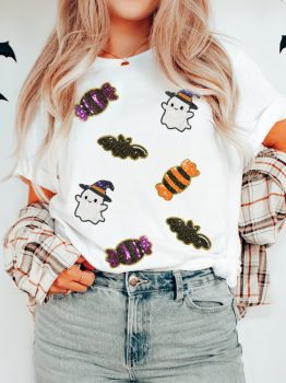 White Sequined Halloween Spirit Pattern Patched Custom Casual Tee