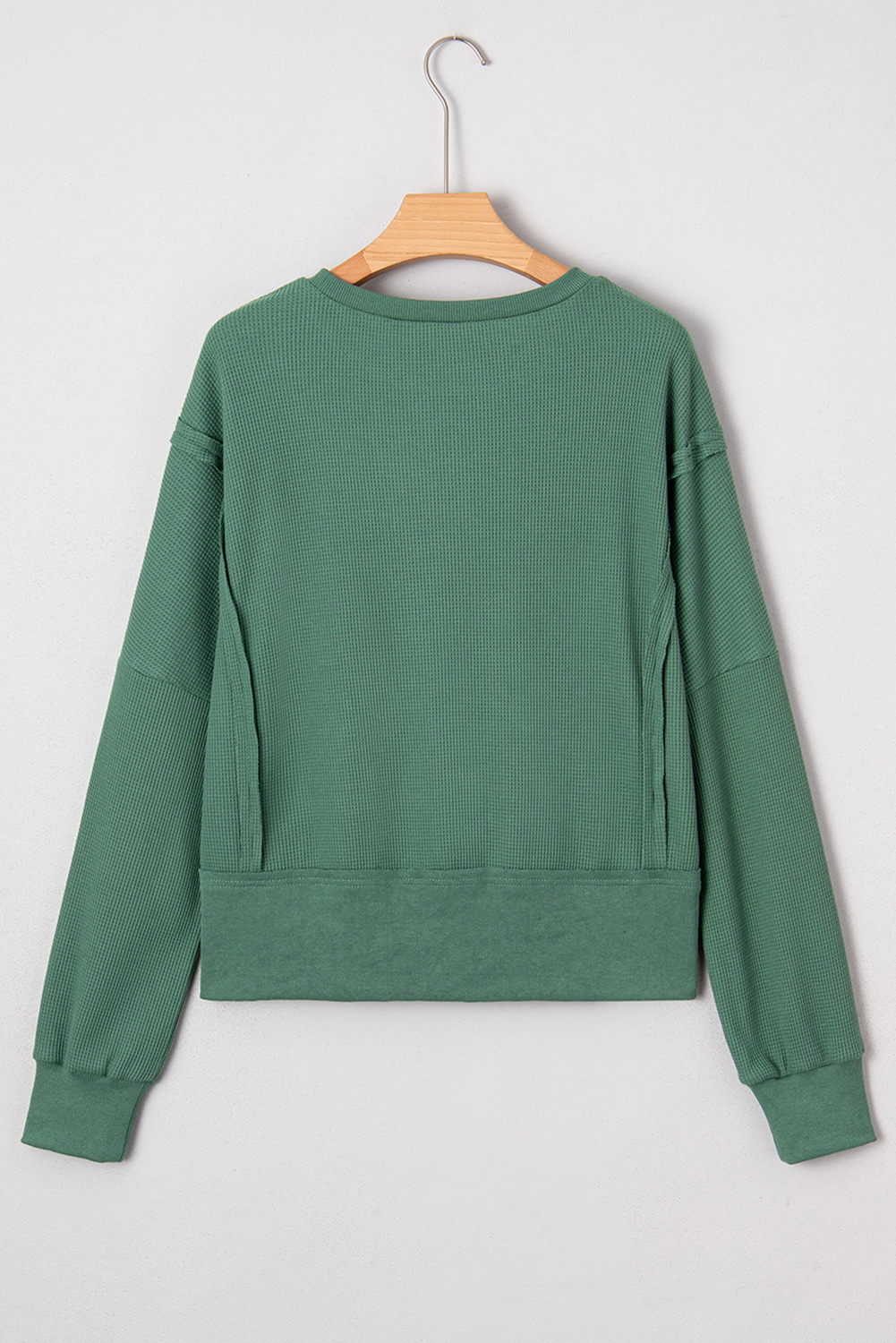 Evergreen Solid Color Raw Seam Patchwork Ribbed Drop Shoulder Sweatshirt - Image 5