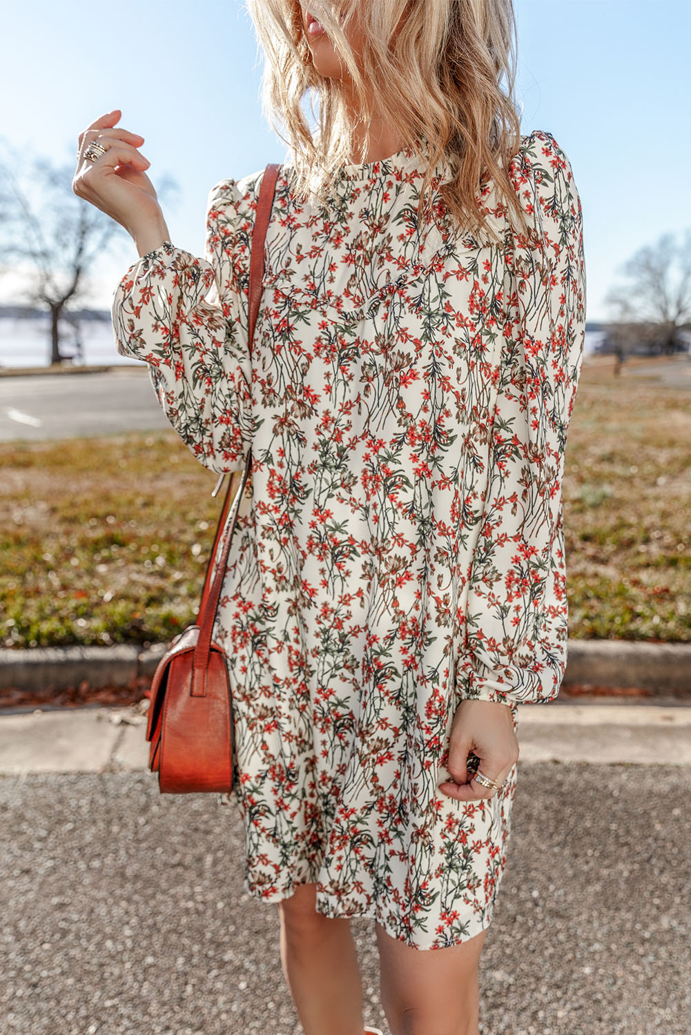 White Floral Printed Long Sleeve Mini Dress - Image 3
