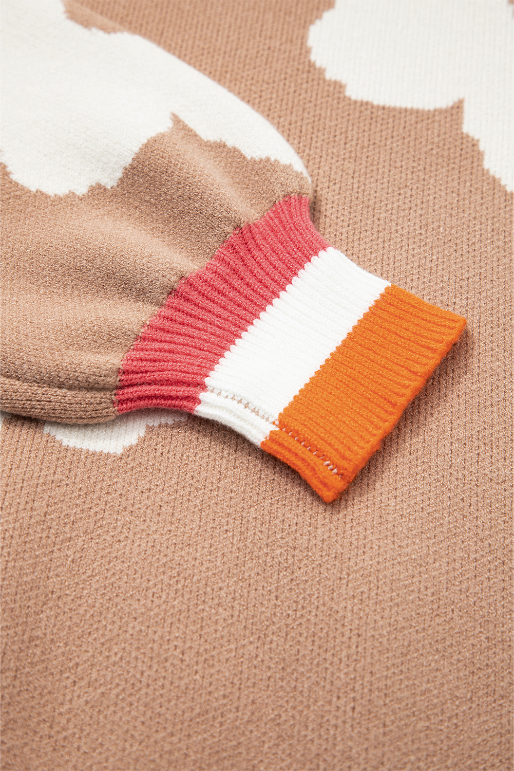 Smoke Gray Big Flower Pattern Contrast Striped Baggy Sweater - Image 6