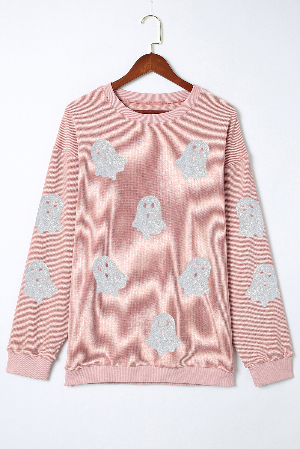 Pink Halloween Ghost Corded Crew Neck Loose Sweatshirt - Image 3