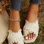 Beige Tassel Woven Crossed Straps Flat Slippers