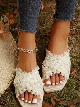 Beige Tassel Woven Crossed Straps Flat Slippers