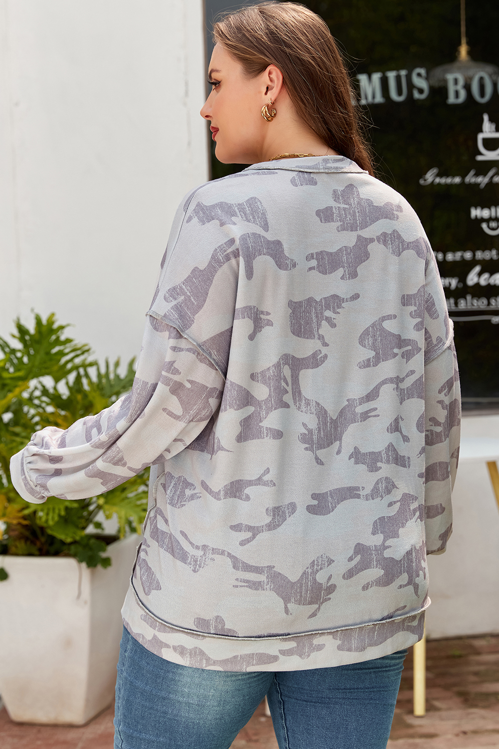 Multicolour Camouflage Print Round Neck Plus Size Sweatshirt - Image 2