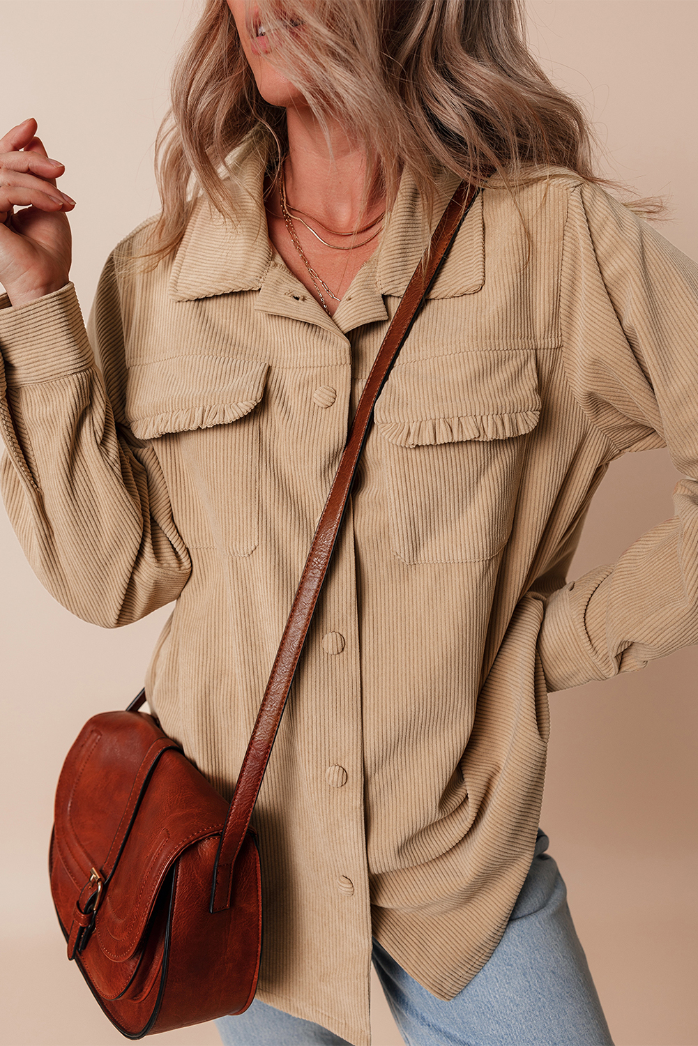 Light French Beige Solid Frilled Flap Pocket Button Up Corduroy Shacket - Image 5