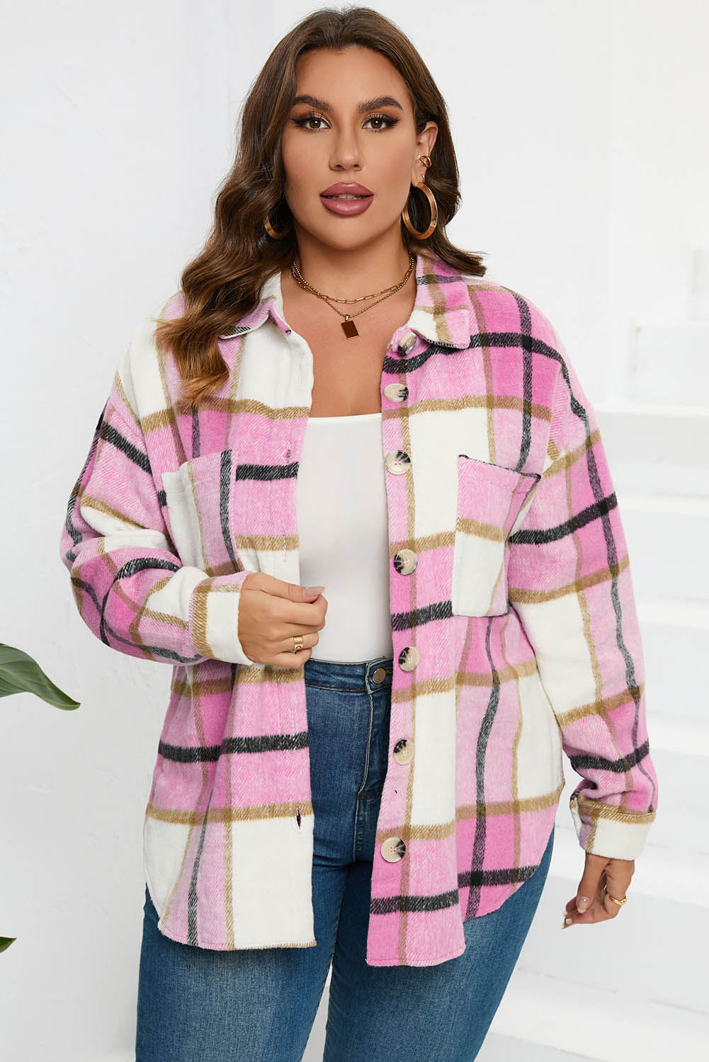 Pink Plaid Color Block Buttoned Long Sleeve Jacket with Pocket - Image 8