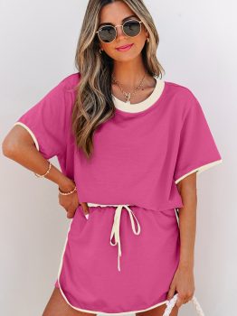 Rose Red Colorblock Edge Drop Shoulder T Shirt and Skort 2Pcs Set