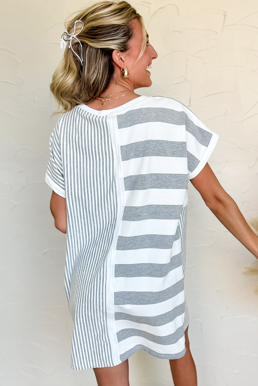 Gray Stripe Mixed Printed Short Sleeve Shift Mini T Shirt Dress - Image 2