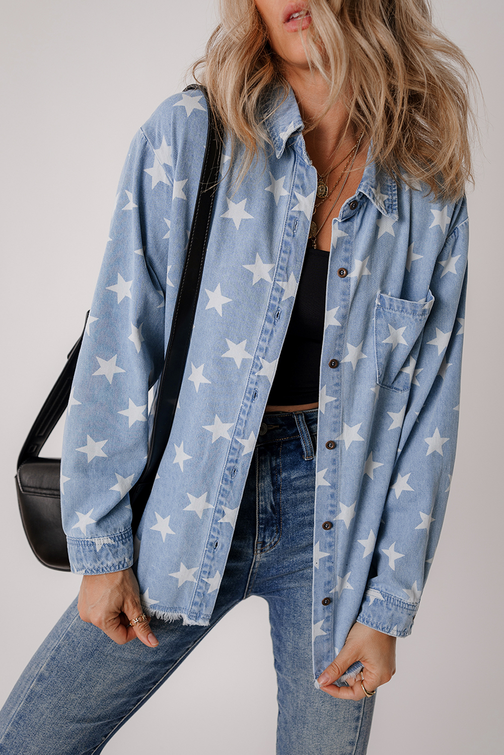 Sky Blue Star Print Light Wash Raw Hem Denim Jacket - Image 5