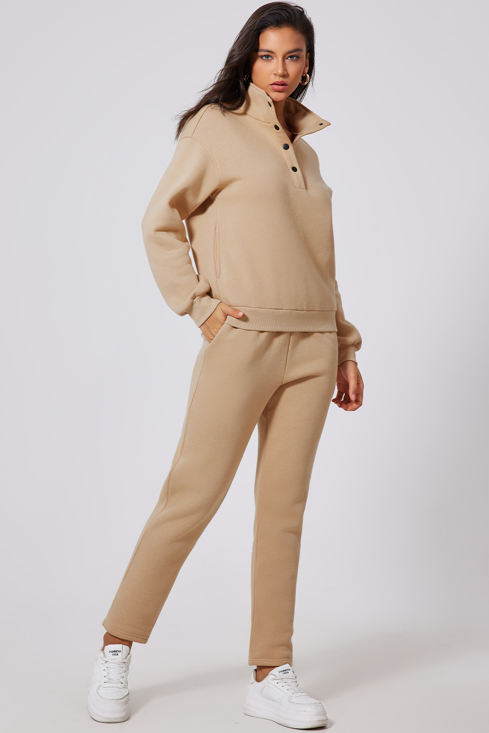 Parchment Solid Half Button Sweatshirt and High Waist Sweatpants Set - Image 5