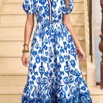 Blue Floral Puff Short Sleeve V Neck High Waist Maxi Dress