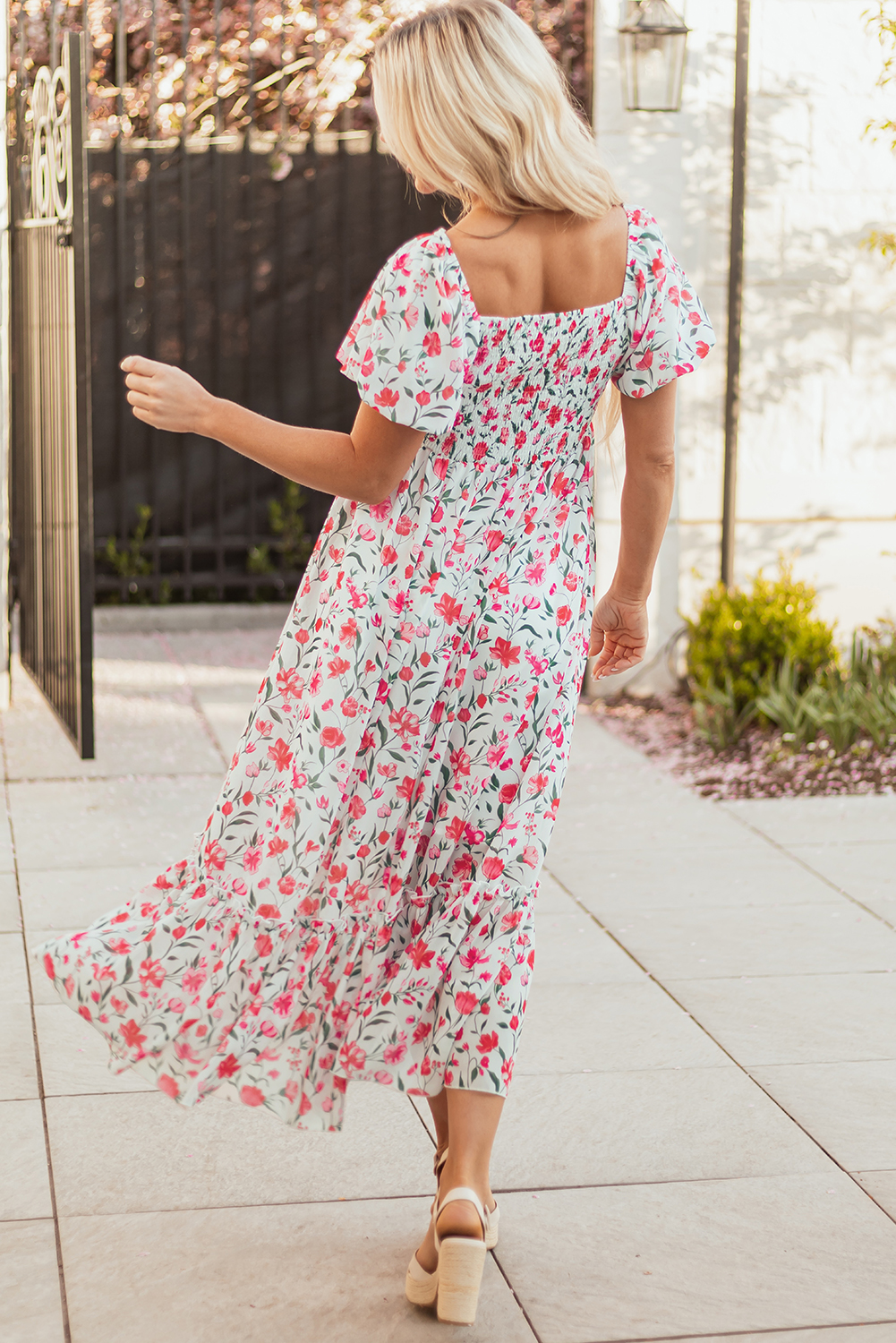Pink Floral Puff Sleeve Square Neck Empire Waist Tiered Maxi Dress - Image 2