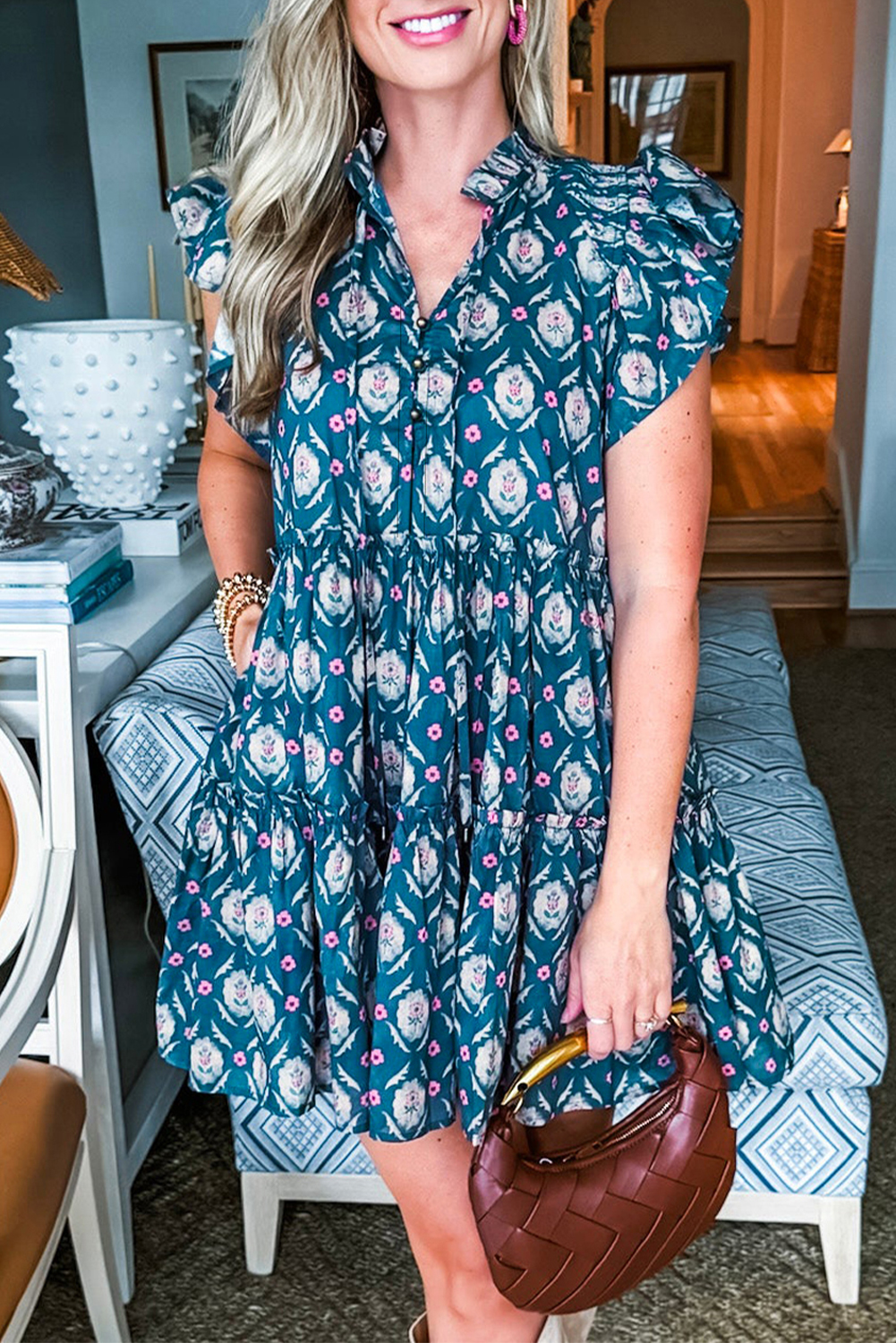 Blue Retro Floral Print Split Neck Ruffle Short Sleeve Dress - Image 7