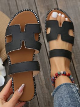 Black Cut Out H Shape Band PU Leather Slippers