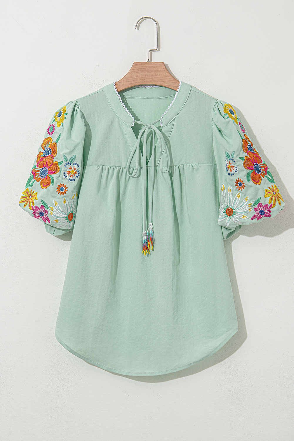 Clearly Aqua Floral Embroidered Puff Sleeve Split Neck Blouse - Image 4