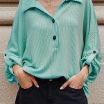 Light Blue Oversized Twist Ribbed Collared Henley Top with Roll up Sleeve