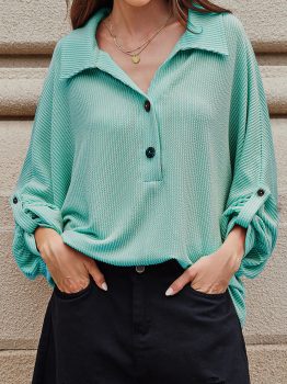 Light Blue Oversized Twist Ribbed Collared Henley Top with Roll up Sleeve