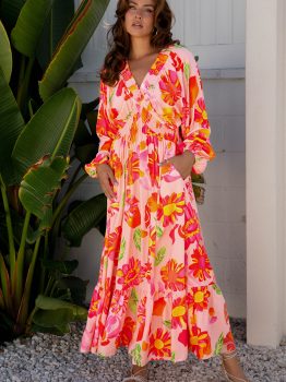 Beige Floral Print Smocked Detail V Neck Puff Sleeve Flowy Maxi Dress