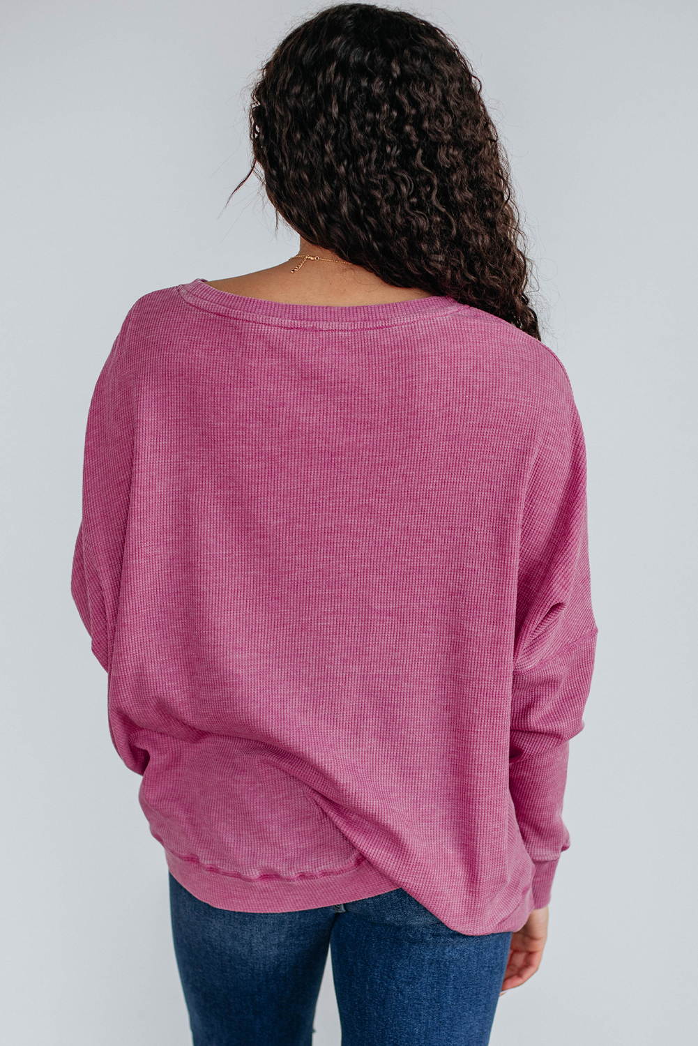 Bright Pink Waffle Knit Patchwork Long Sleeve Loose Top - Image 2