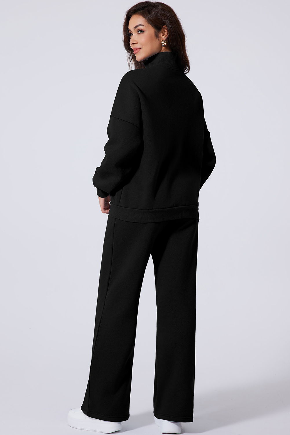 Black Drop Shoulder Zip Up Jacket Drawstring Pants Active 2pcs Set - Image 2