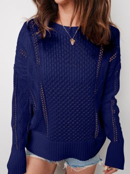 Navy Blue Mix Texture Knit Eyelet Detail Casual Sweater